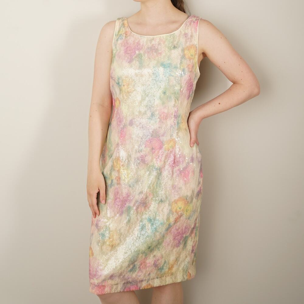 Studio One New York Sequin Floral Dress Y2K Sparkly Sleeveless Party V Back EUC
